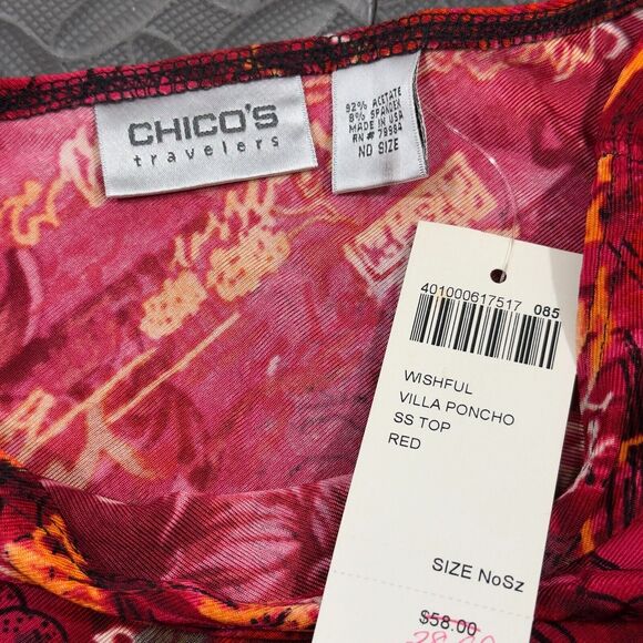 Chico's Wishful Villa Poncho Top Womens One Size Red Patterned Triangle Stretch - Picture 5 of 7